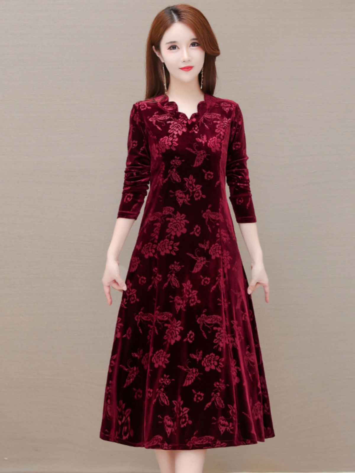 Women Fashion Over The Years - Elegant Velvet Dress V-Neck Midi Skirt