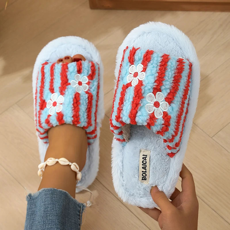 Flower Embroidery Stripe Plush - Women'S Fashion Korea ulasan dan harga