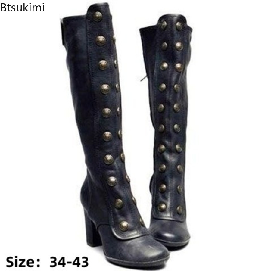 Retro Black Fashion Rivet Deco - Women'S Fashion Knee High Boots ulasan dan harga