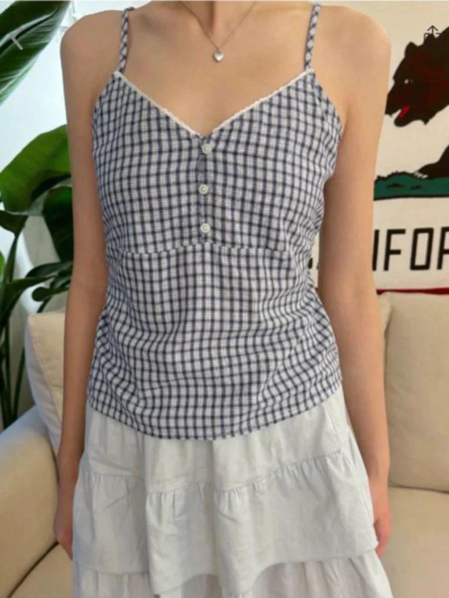 Navy Plaid Tank Shorts 2 Piece - Lace Trim Cami ulasan dan harga