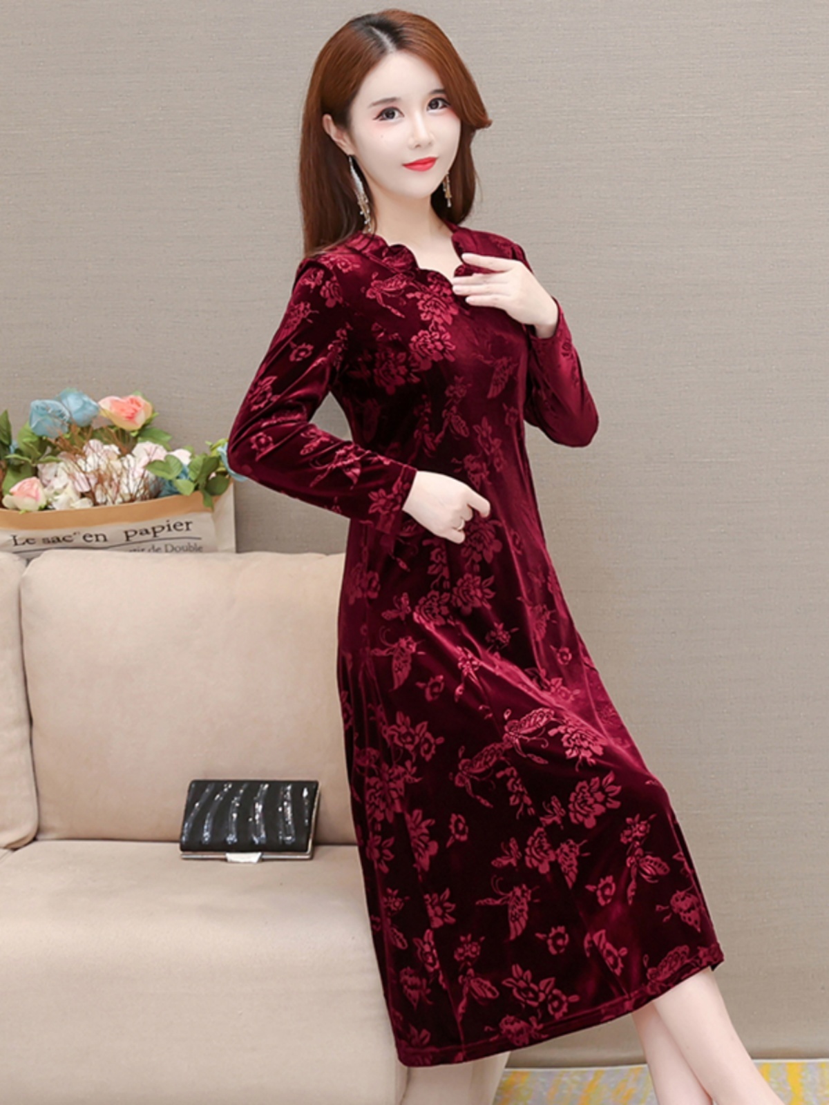 Elegant Velvet Dress V-Neck Mi - Women Fashion Over The Years ulasan dan harga