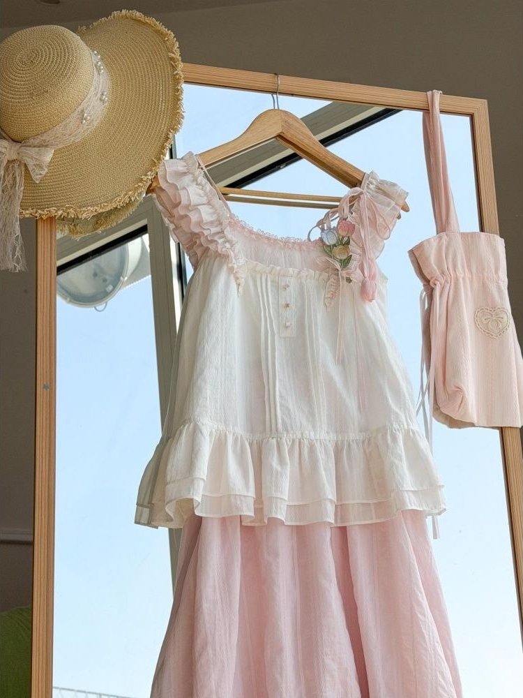 Sweet Kawaii Ruffle Trim Tulip - Lace Trim Cami ulasan dan harga